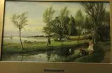 River landscape with children playing in foreground, boat builders in background by Charles James Lewis, oil on board, offered Nov 2022
