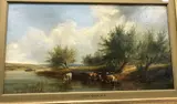Cattle watering in river landscape with barge in background by George Vicat Cole, oil on canvas, offered May 2022