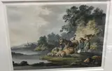 River landscape with recumbent sheep, donkey and three figures on a bank by Peter La Cave, watercolour, offered May 2022