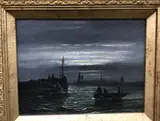 Harbour scene in moonlight with figures in row boats by Georges William Thornley, oil on board, sold May 2022