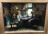 Tea at the lacemaker's cottage by Edward Portielje, oil on panel, sold May 2022