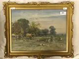 Plough team and figures harvesting in a field by John Atkinson, watercolour, sold May 2022