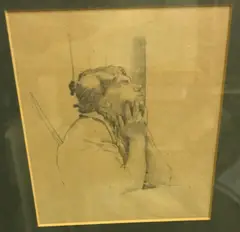 Woman with head in hands by Malcolm Drummond, pencil, sold May 2022