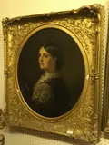 Lady in blue lace trimmed dress, her hair in a bun by Edmund Howell, oil on canvas, offered Apr 2022