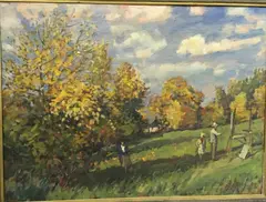 Autumn landscape with figures by Llewelyn Petley Jones, oil on canvas, sold Feb 2022