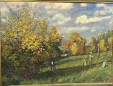 Autumn landscape with figures by Llewelyn Petley Jones, oil on canvas, sold Feb 2022