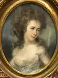Lady in white, dress with blue sash” a portrait study half length by John Russell, 1786, pastel, sold Feb 2022