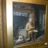 Old man making paper boats by fireplace, a young child looking on by Valentine Walter Bromley, 1866, watercolour, sold Nov 2021