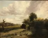Travellers in wagon on a roadway, thatched cottage to the right, further dwellings in the distance, ducks in foreground by Frederick Richard Lee, oil on canvas, offered Aug 2021