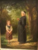 Young girl with basket and book giving a coin to a beggar on a snow-covered street by Antony Serres, oil on panel, offered Aug 2021