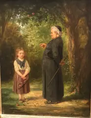 Young girl with basket and book giving a coin to a beggar on a snow-covered street by Antony Serres, oil on panel, offered Jul 2021