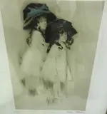 Two young girls in bonnets by Adrian Etienne Drain, etching, sold Jun 2021