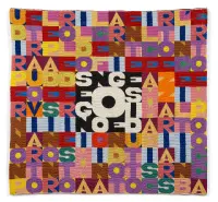 Untitled (Segno e disegno) by Alighiero Boetti, ‘Segno disegno’ 'is the central element highlighted by the non-colours black and white, framed by phrases such as read a, sold Nov 2024
