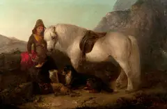 Girl and boy with a grey pony and a dog in an upland landscape by Edward Robert Smythe, sold Dec 2011
