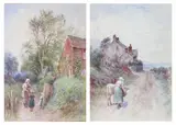 Woman and children by a gate; feeding a calf by Henry Measham, Watercolour, offered Nov 2011