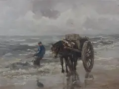 Shrimping along the shore by Willem George Frederik Jansen, Oil on canvas, sold Nov 2011