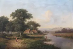 Figures by a riverside cottage by Walter Heath Williams, Oil on canvas, sold Nov 2011