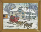 winter landscape of a stagecoach with a tavern in the background by Charles X. Carlson, oil on board, sold Nov 2014