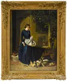barn scene of a woman feeding ducks by G. I. Blomfield, oil on canvas, sold Nov 2014