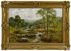 landscape with figures by a river by Yeend King, oil on canvas, sold Nov 2014