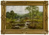 landscape with figures by a river by Yeend King, oil on canvas, sold Nov 2014