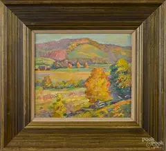 landscape with a barn in the background by Fern Isabel Kuns Coppedge, oil on canvas, offered Oct 2014