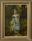 landscape with a woman in blue by Leon Moran, oil on canvas, offered Oct 2014