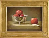 still life with red apples in a silver bowl by William O. Ewing, oil on board, offered Oct 2014