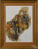 illustration of an antique auction by Henry James Soulen, mixed media, offered Oct 2014