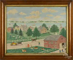 New England folk art town scene by Albert Webster Davies, oil on board, sold Oct 2014