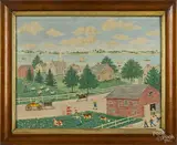 New England folk art town scene by Albert Webster Davies, oil on board, sold Oct 2014