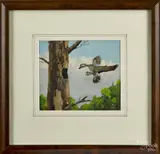 landscape of a wood duck flying towards a nest in a tree by Richard Evett Bishop, oil on board, offered Oct 2014