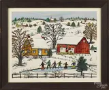 winter farm scene with a family ice skating by Hattie Klapp Brunner, watercolor and gouache on paper, offered Oct 2014