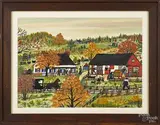 fall Amish auction scene by Hattie Klapp Brunner, watercolor and gouache on paper, offered Oct 2014