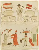 fraktur depicting the story of the prodigal son by Friedrich Krebs, ink and watercolor, offered Oct 2014