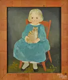 portrait of a child seated in a chair holding a cat by Jeanne Davies, oil on canvas, offered Oct 2014