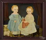 folk portrait of two children with a doll and a pull toy by Jeanne Davies, oil on board, offered Oct 2014