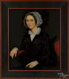 portrait of a woman with a white lace bonnet and a black dress by Ammi Phillips, oil on canvas, offered Oct 2014