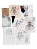 30 Preliminary Sketches and Designs for the 1986 Spring and Fall Collections by Geoffrey Beene, 1986, marker, ink, color pencil, ink on various paper, sold Dec 2023