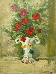 Still Life with Red Roses by Albert Bela Bauer, 1977, oil on canvas board, sold Jan 2024