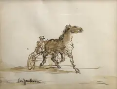 Trotter, Roosevelt Raceway by Lee Jackson, ink on paper, sold Jan 2024