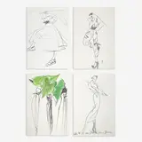 4 Illustrations for Geoffrey Beene by Joe Eula, 1994, graphite, marker, ink and charcoal on paper, sold Jan 2024