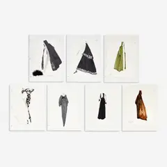 7 Illustrations for Geoffrey Beene by Joe Eula, 1990-95, marker, watercolor, ink, colored, pencil, and graphite on paper, sold Jan 2024