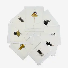 8 illustrations for Geoffrey Beene by Joe Eula, 1990-95, marker, watercolor, ink, colored pencil, and graphite on paper, sold Jan 2024