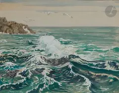 Vague en Bretagne by Maurice Becque, 1930, Encre, aquarelle et gouache, sold Mar 2022
