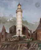 Le Phare de la pointe Saint-Mathieu et les ruines de l’ancienne abbaye, au crépuscule by Maurice Becque, vers 1934, Encre et aquarelle, sold Mar 2022