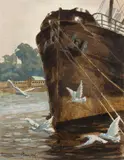 Cargo et mouettes à Morlaix by Maurice Becque, Gouache, sold Mar 2022