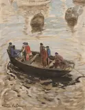 Bretagne, Départ pour la pêche by Maurice Becque, Encre et gouache, sold Mar 2022