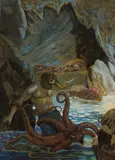 Combat de Gilliat et la pieuvre - Illustration pour Les Travailleurs de la Mer de Victor Hugo by Maurice Becque, Encre et aquarelle, sold Mar 2022