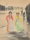 Deux Bohemiennes by Edouard Febvre, Fusain et aquarelle sur papier, sold Oct 2021